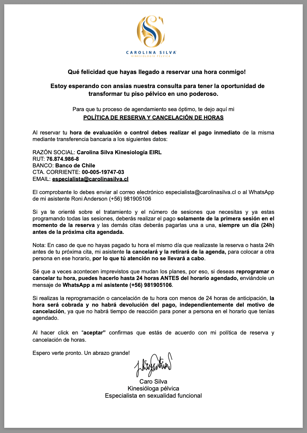 Portada Política de Reservas Caro Silva